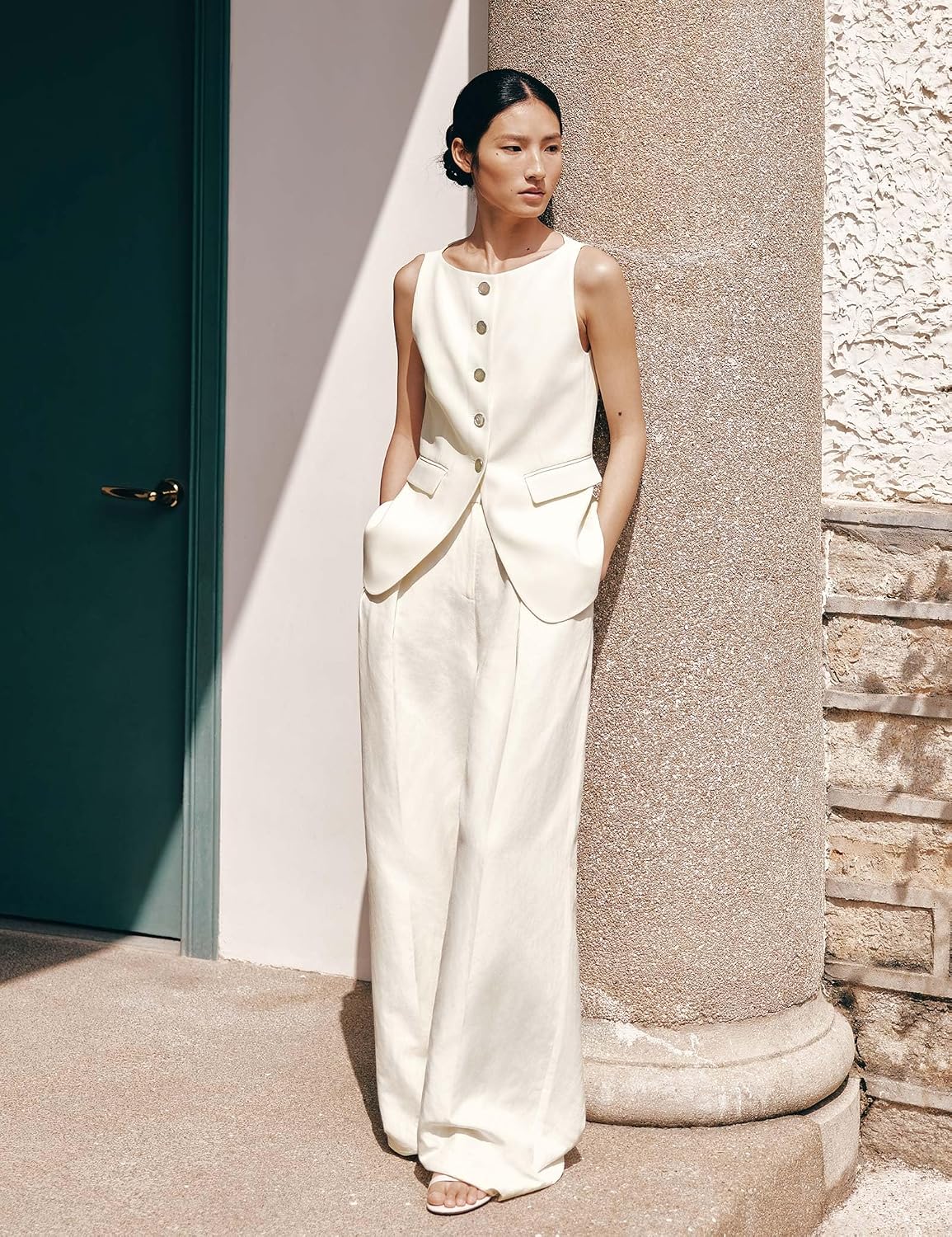Women's Silk Blazer Vest Button Front Boatneck Ivory Waistcoat