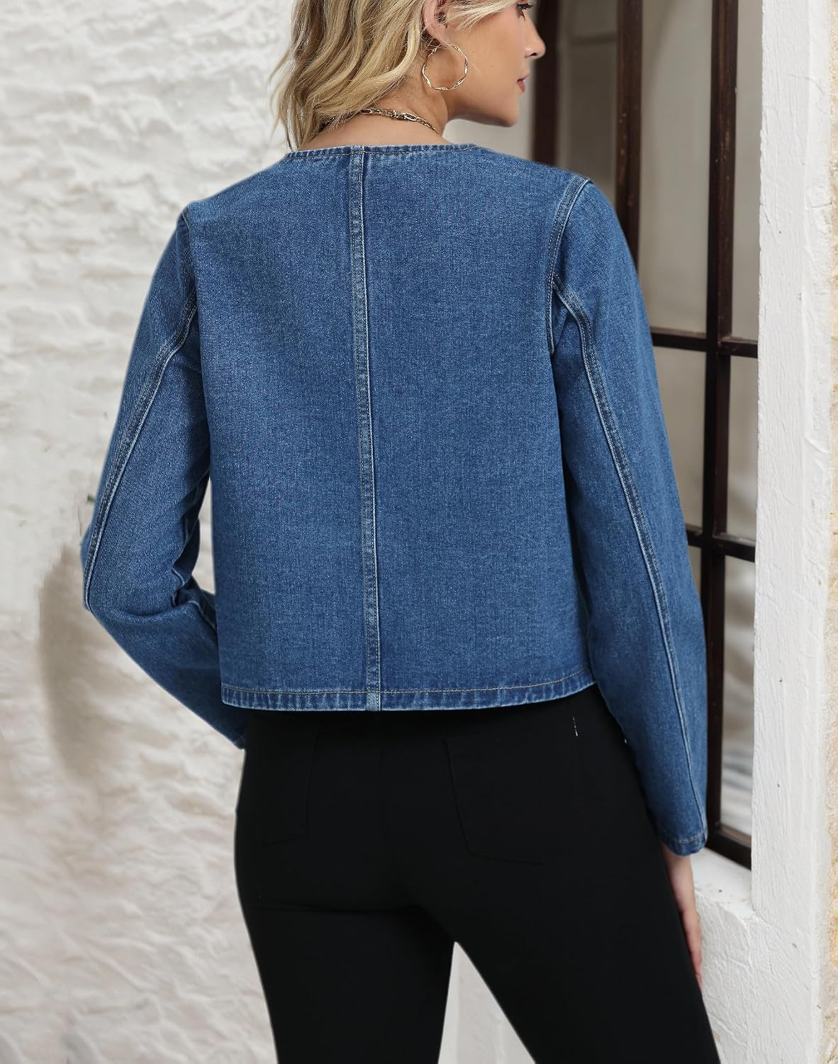 Denim Jacket for Women Collarless Long Sleeve Button Down Cropped Jean Coat