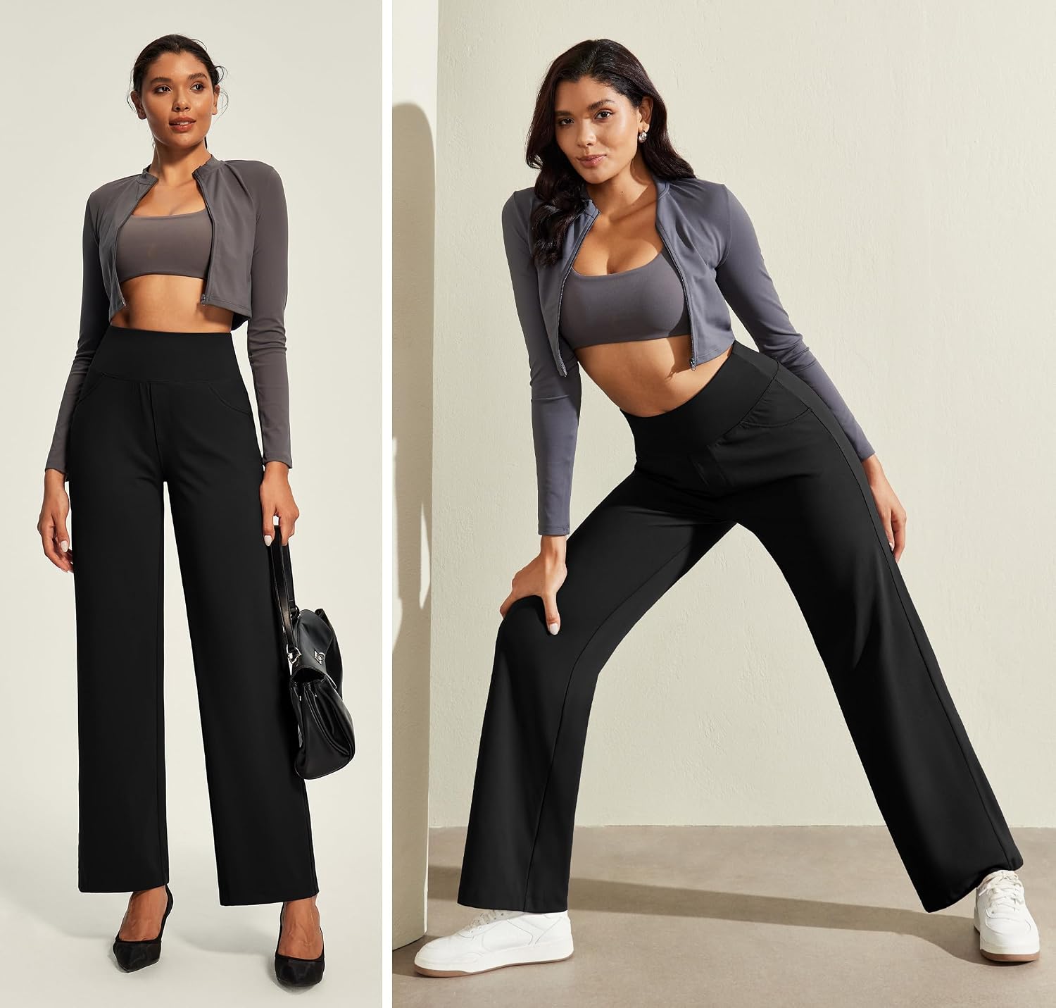 Women's High Waist Wide Leg Pants Tummy Control Black