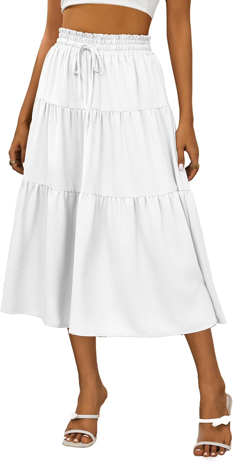 Womens Boho Midi Skirts A-Line Tiered Flared Ruffle Casual Flowy Skirt Beach Vacation Wear Dress