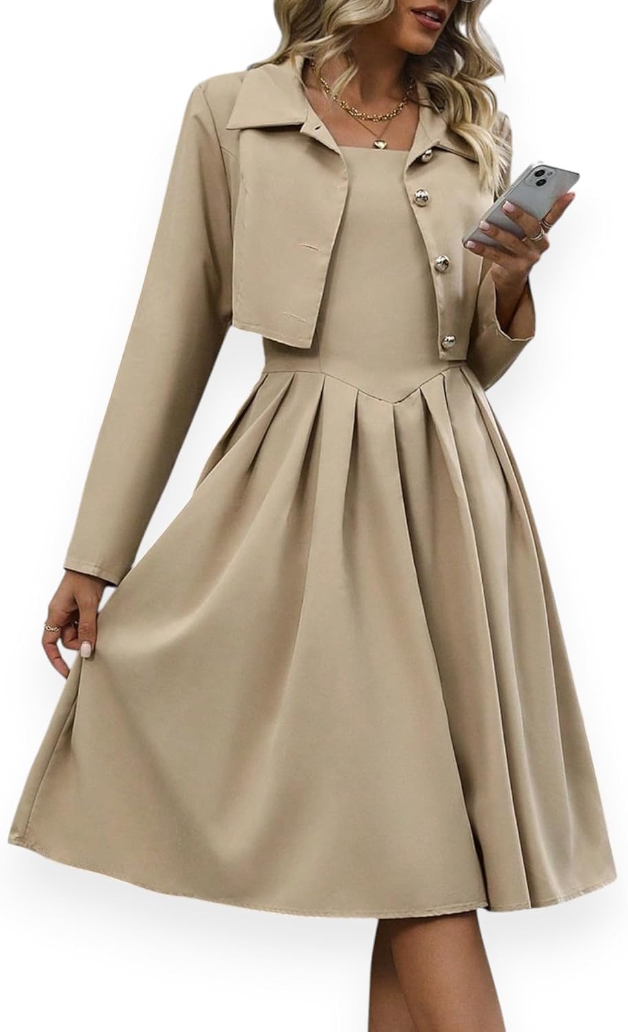 Women's Blazer Dress 2-Piece Set Pleated Square Neck Khaki