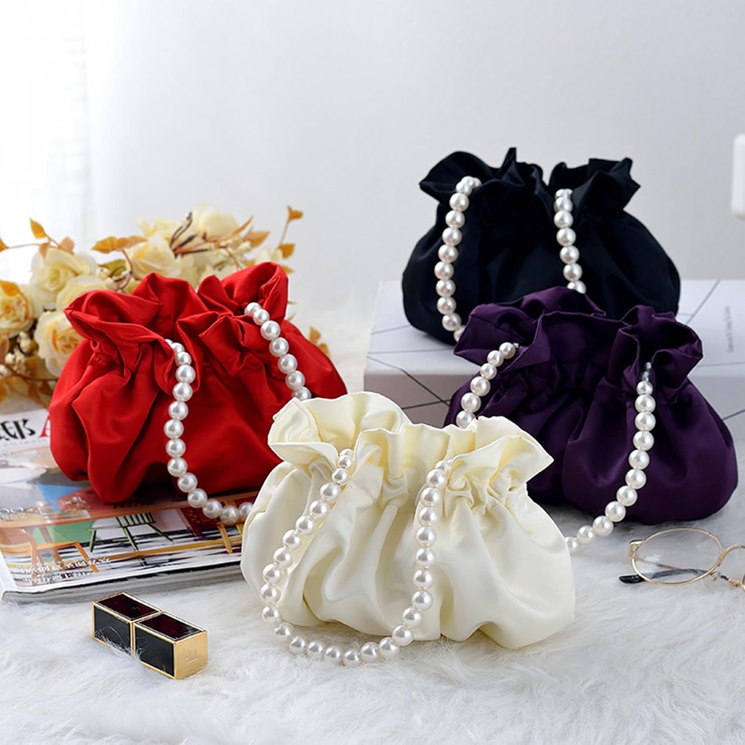 Women's Satin Drawstring Evening Bag with Pearl Chain