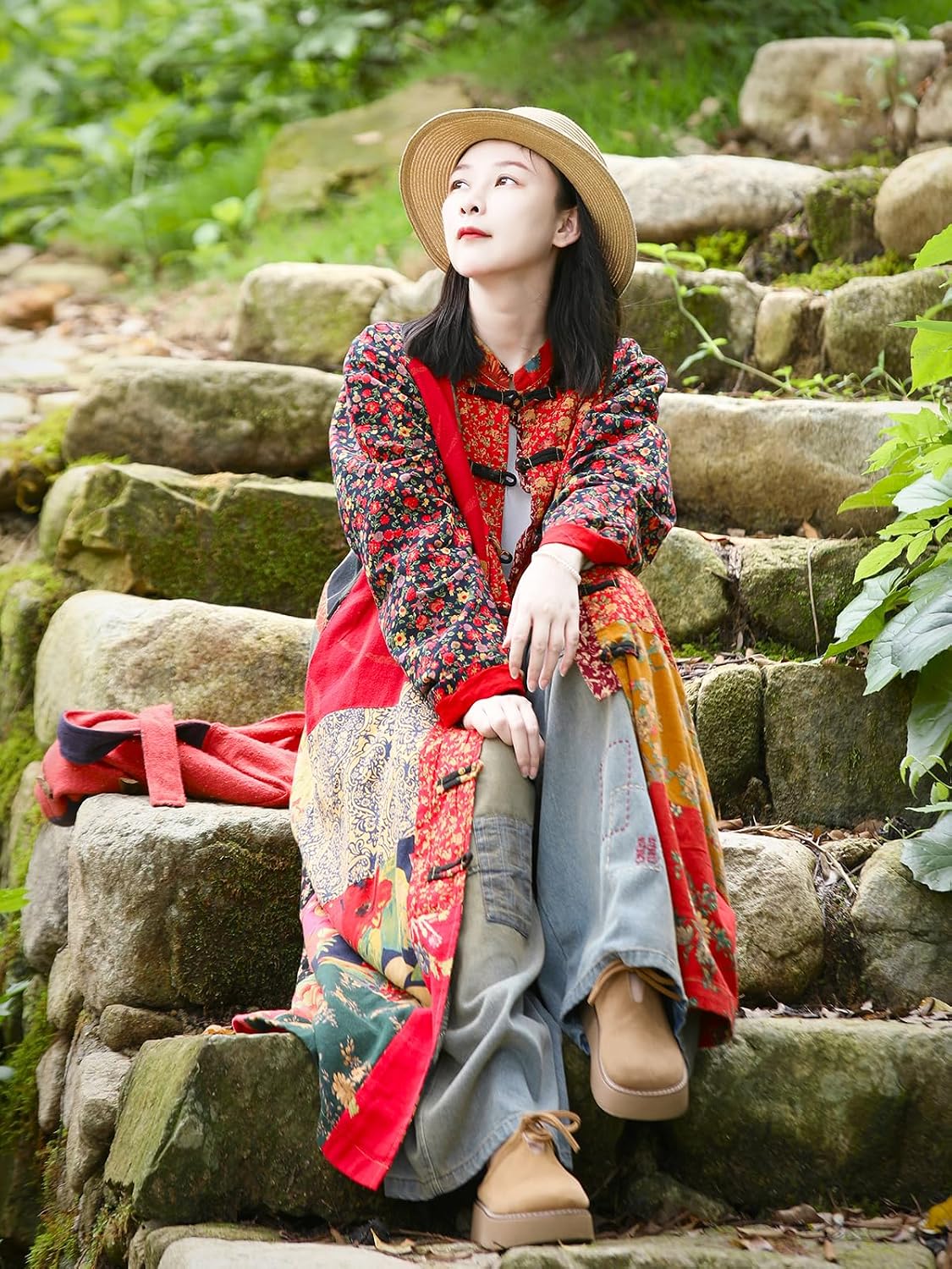 Women\u2018s Patchwork Trench Coat - Floral Cotton Linen Long Jacket Cottagecore Bohemian Outerwear