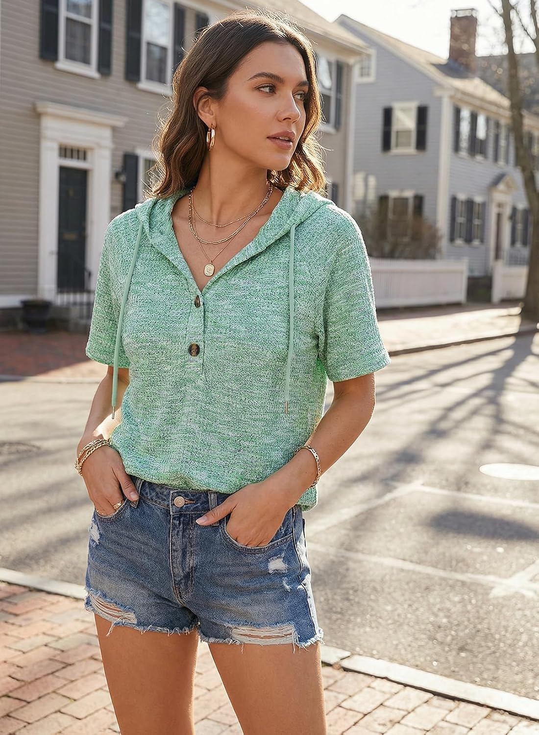 Womens Summer Tops Short Sleeve Button V Neck Waffle Knit Lightweight Drawstring Hoodies Blouses Shirts