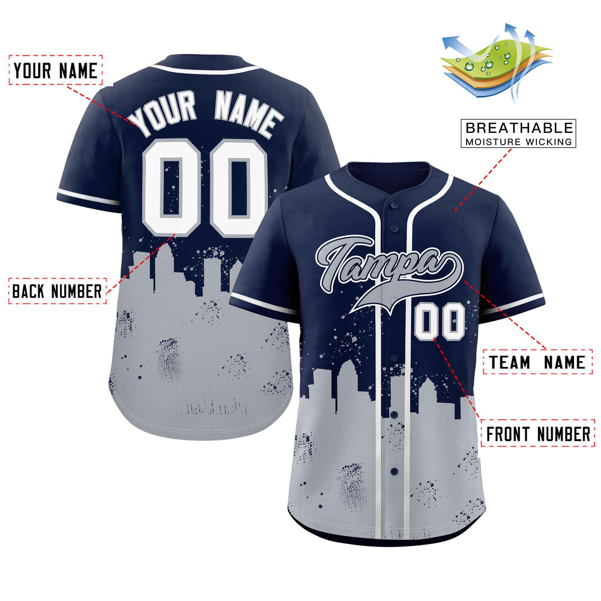 Benutzerdefiniertes, personalisiertes Tampa City Nightscape Authentisches Baseball-Trikot in Marineblau Benutzerdefiniertes, personalisiertes Tampa City Nightscape Authentisches Baseball-Trikot in Marineblau