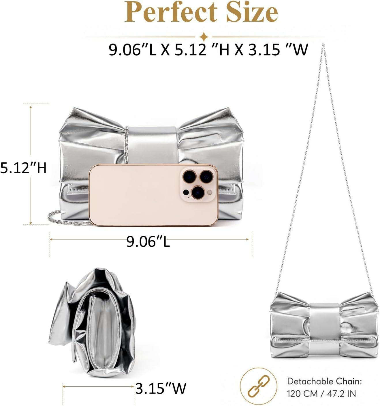 Women's Metallic Bow Clutch Silver Evening Bag with Chain Women's Metallic Bow Clutch Silver Evening Bag with Chain