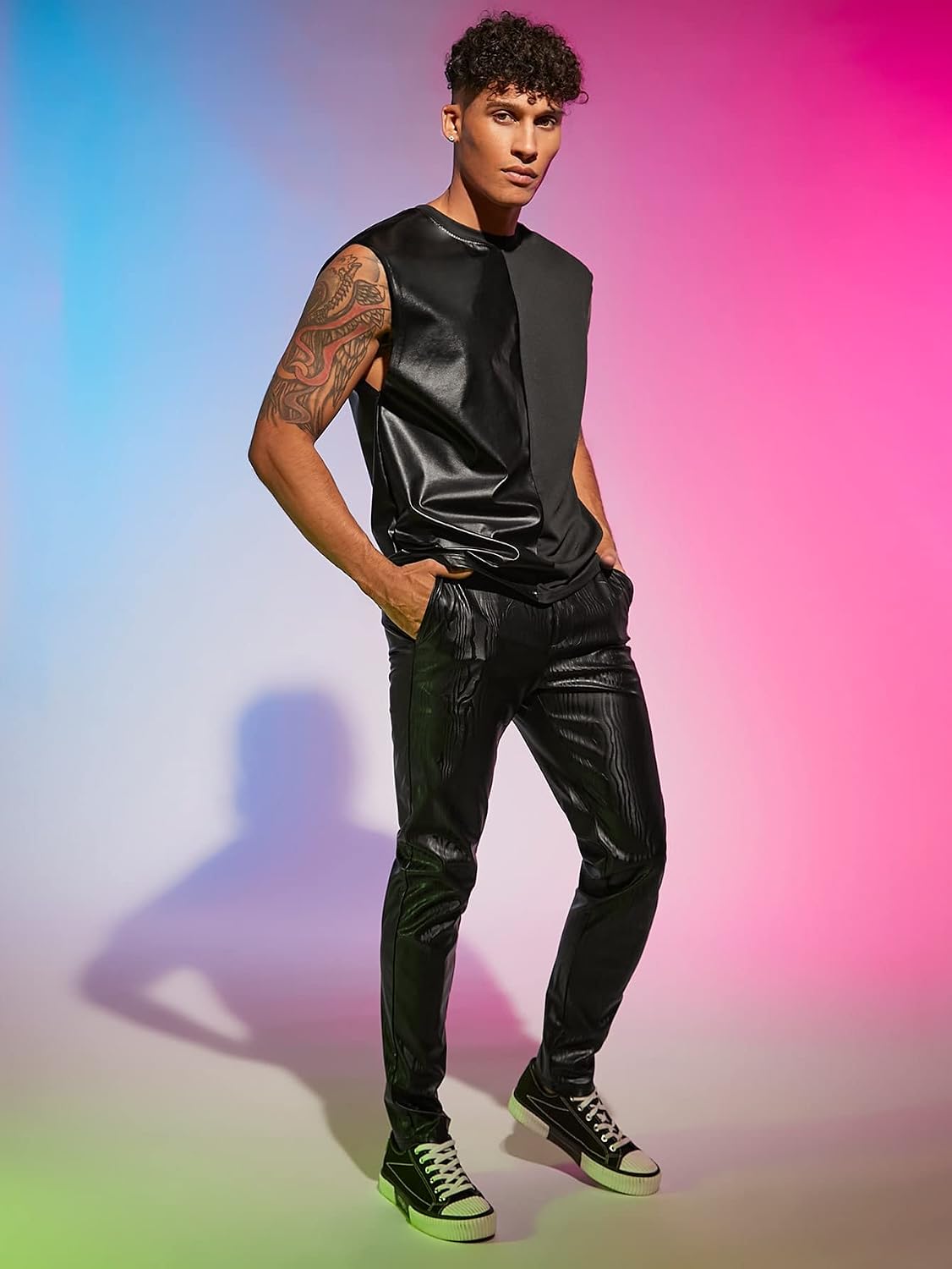 Men's Faux Leather Panel Tank Top Color Block Black