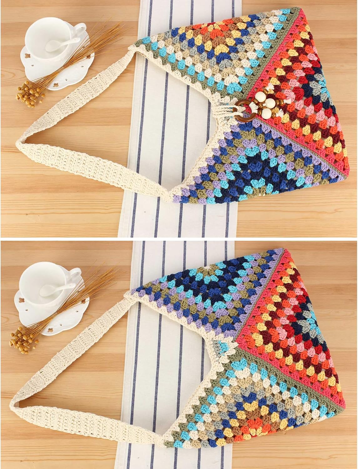 Women's Crochet Granny Square Hobo Shoulder Bag, Multicolor