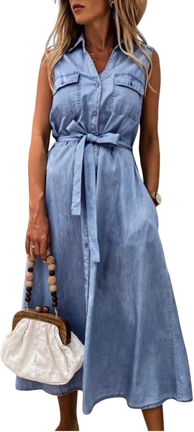 Womens Summer Casual Belted Sleeveless Denim Shirt Dresses Button A-Line Swing Jean Long Dress