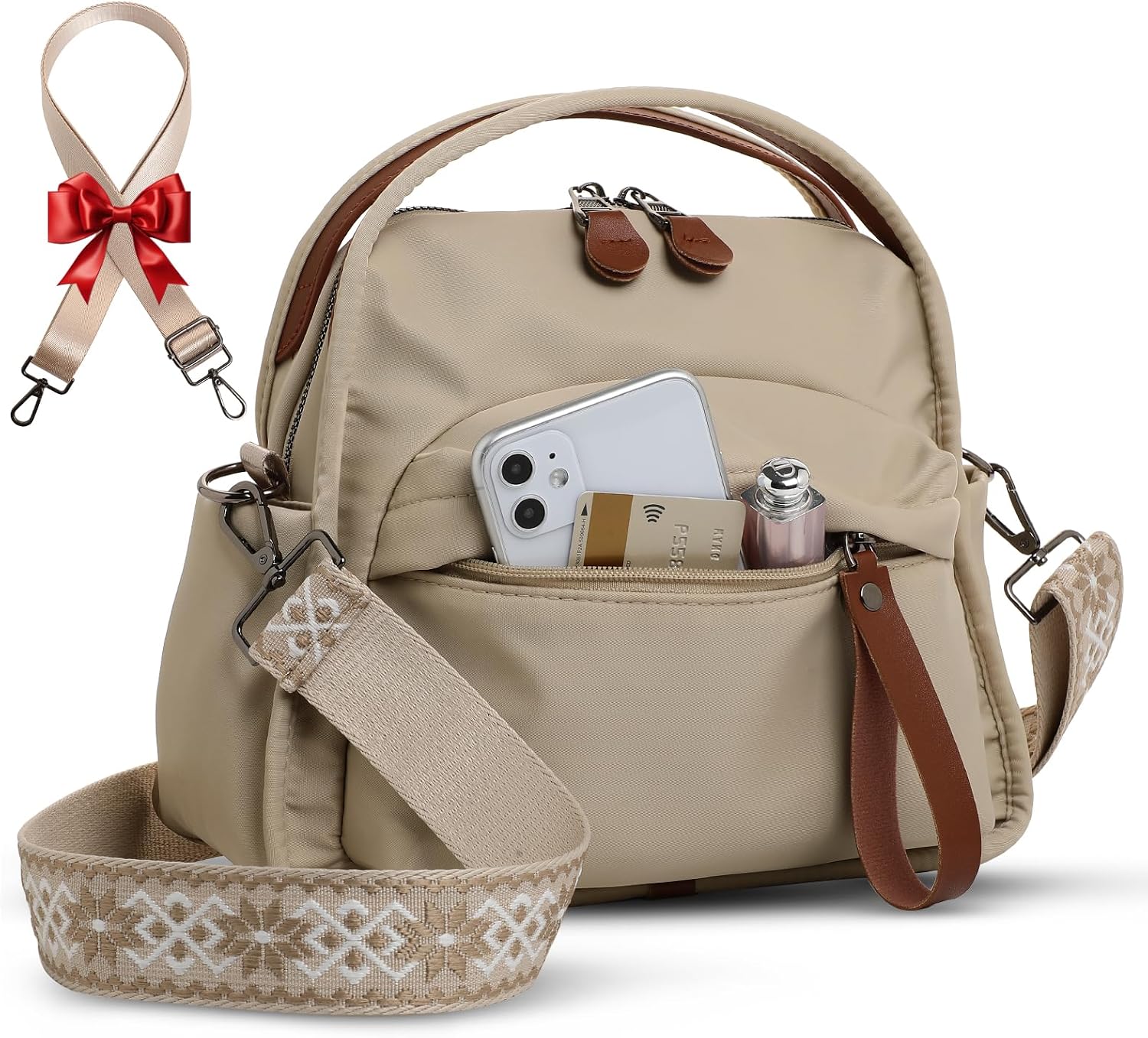 Women's Water-Resistant Nylon Top-Handle Crossbody Bag, Beige