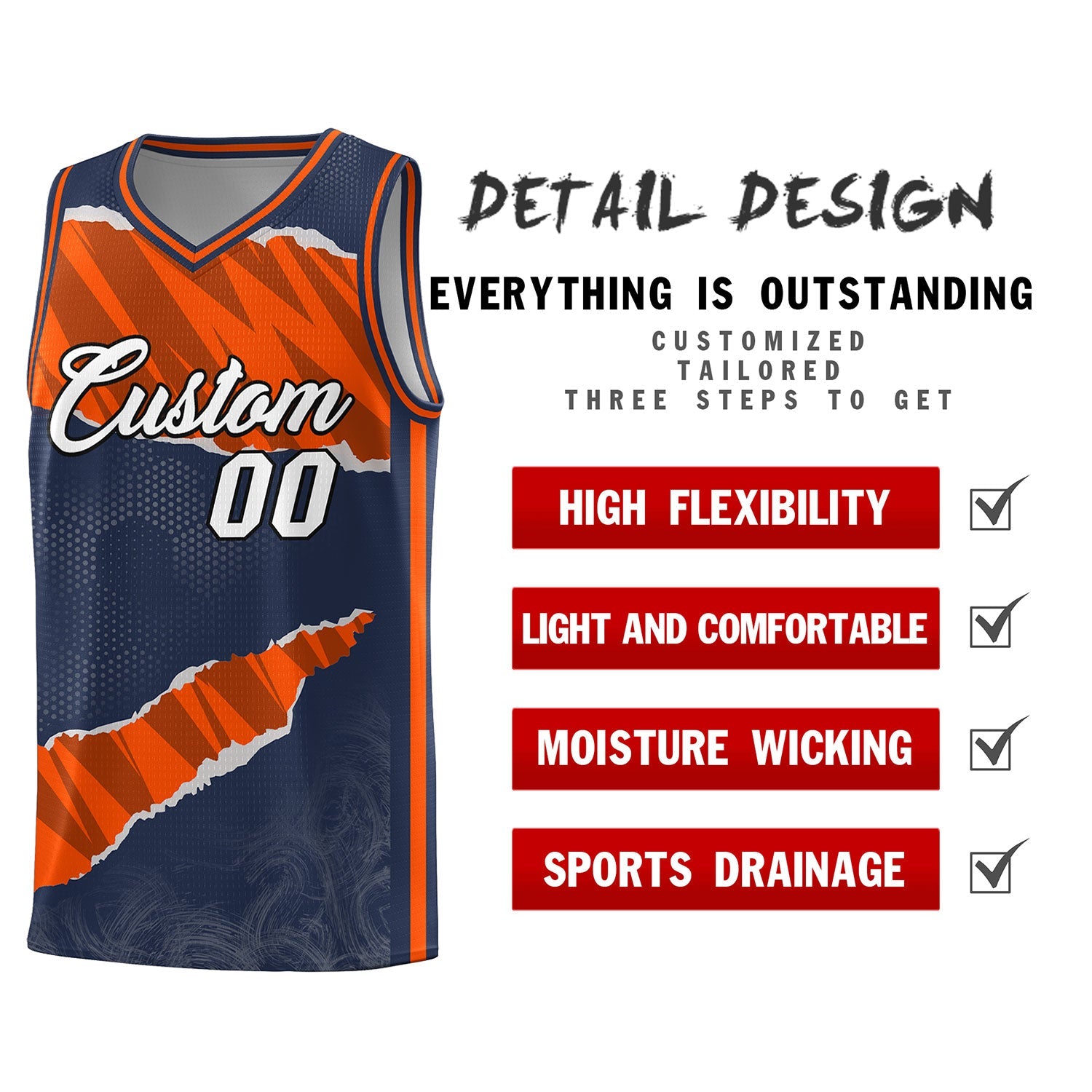 Benutzerdefiniertes Mitternachtsblau-Orange-Schwarz-Tränen-Graffiti-Muster-Sportuniform-Basketballtrikot