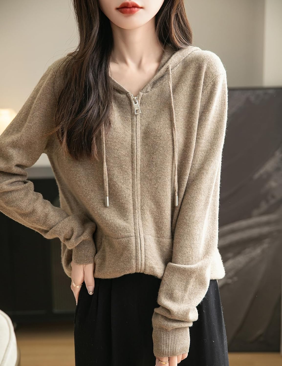 Women's 100% Merino Wool Zip Up Hoodies Fall Winter Warm Long Sleeve Knit Sweatshirt Cardigan with Pocket