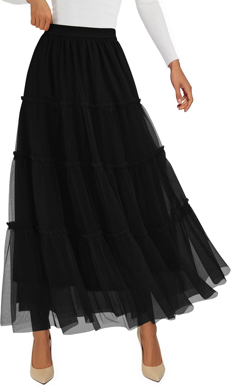 Women's Tulle Tiered Maxi Skirt Elastic Waist Black