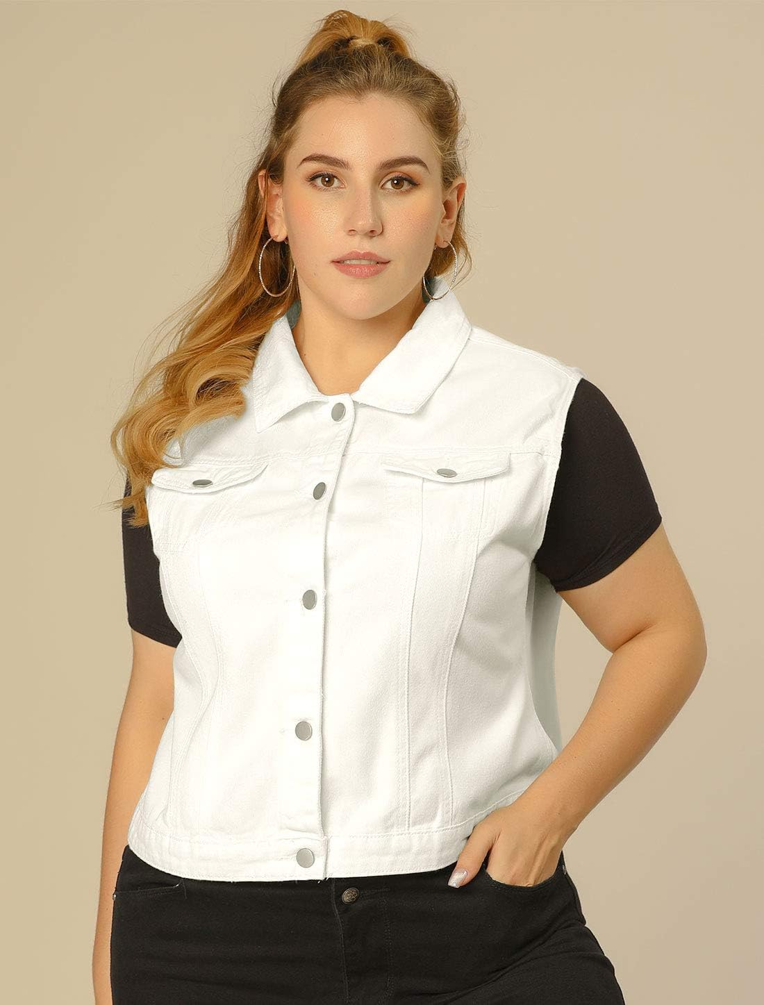 Women's White Denim Vest Button Down Chest Flap Pockets