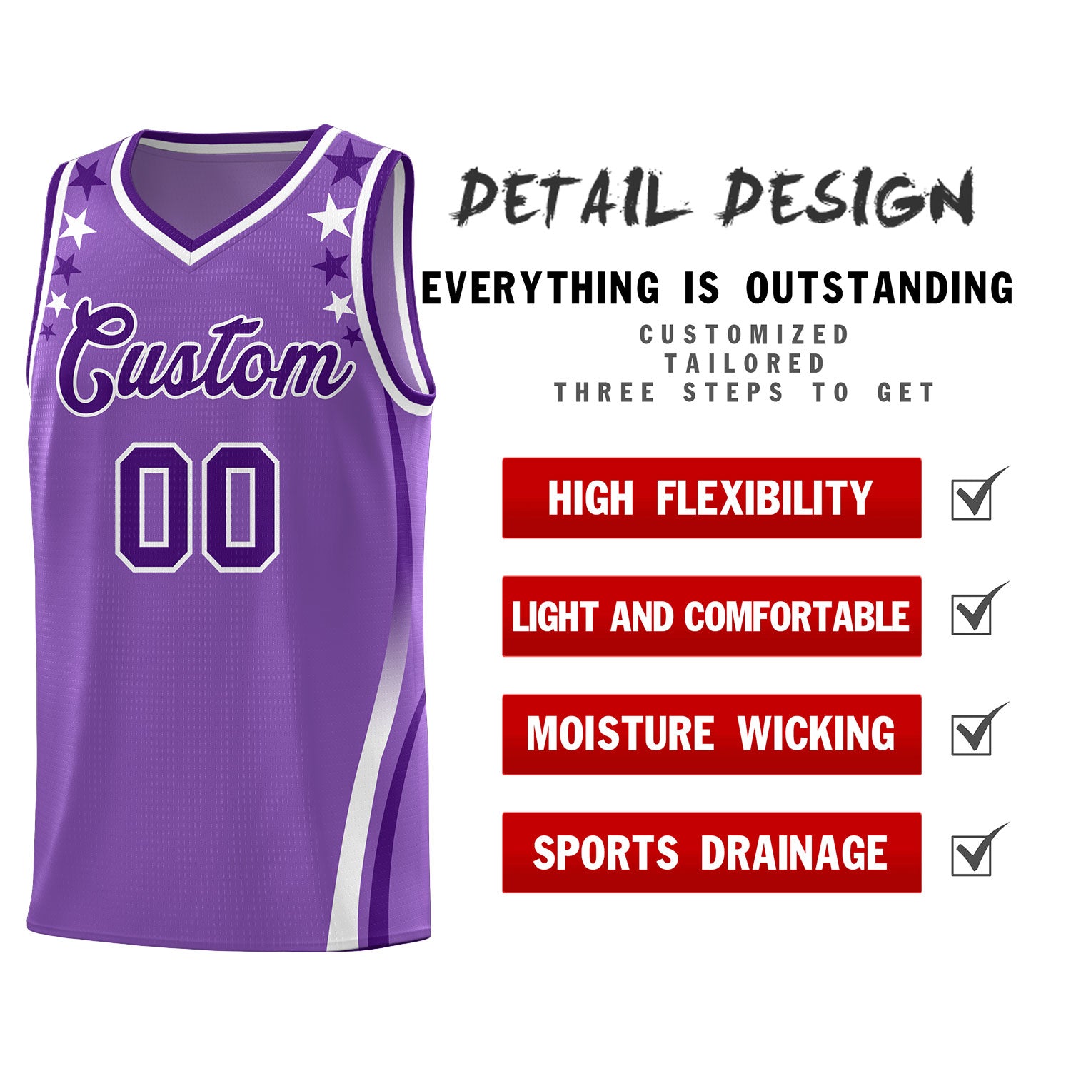 Benutzerdefinierte hellviolette Schultern, Sternmuster, seitlicher Farbblock, Sportuniform-Basketballtrikot