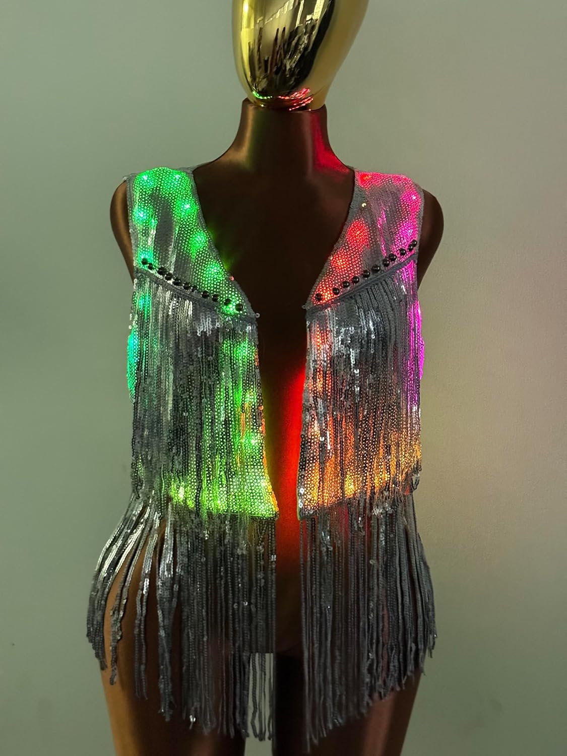 Women's Light Up Sequin Fringe Vest Festival Silver