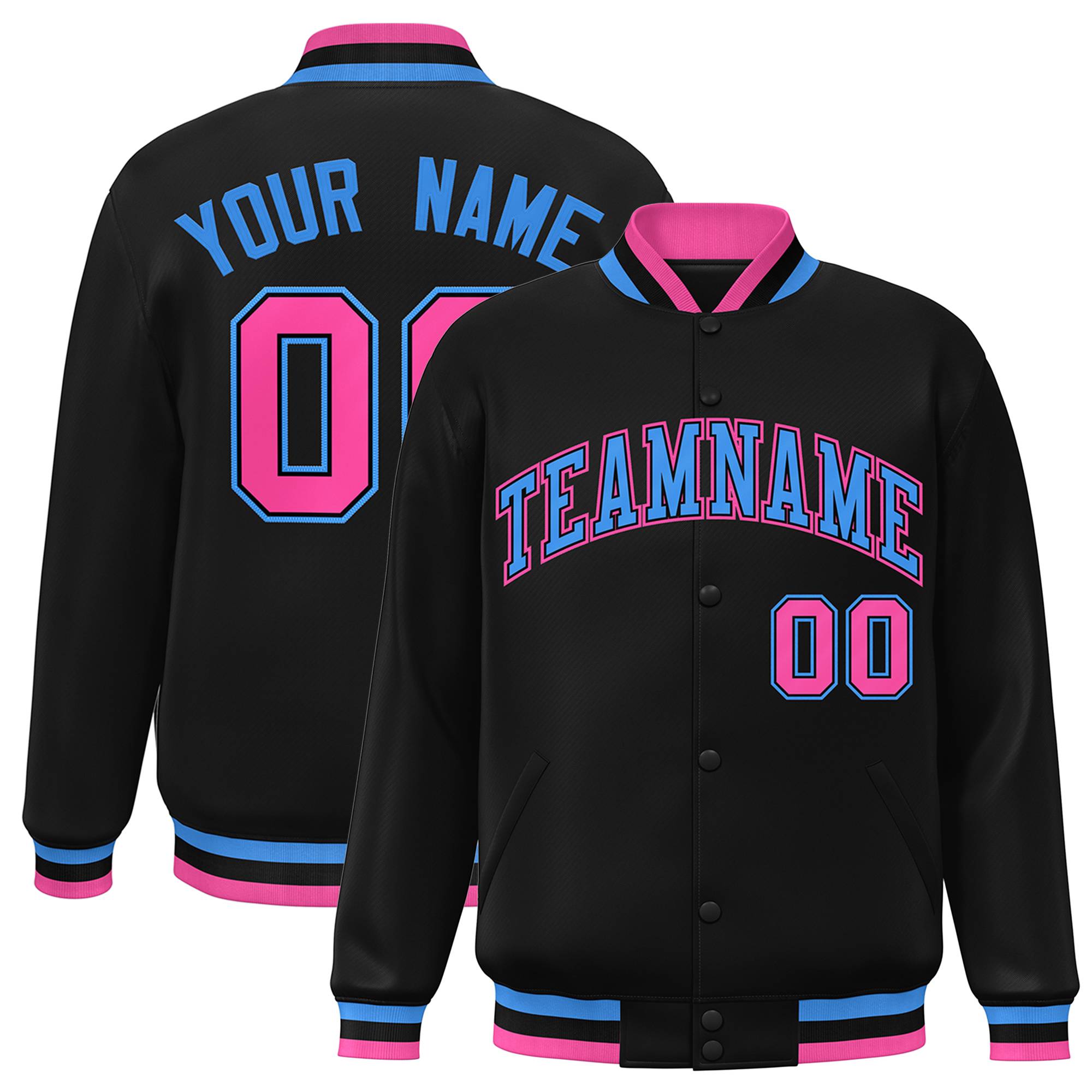 Custom Powder Blue-Black Classic Style Varsity Full-Snap Letterman Jacket
