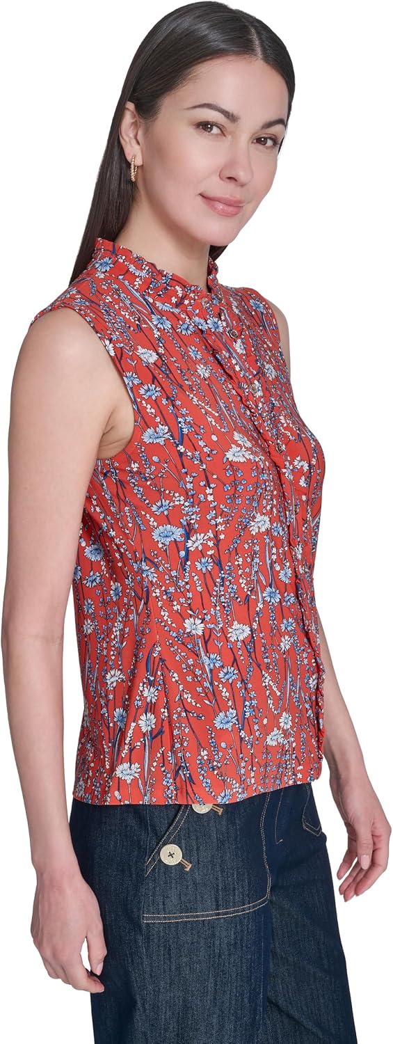 Women's Floral Print Sleeveless Button Up Shirt, Red