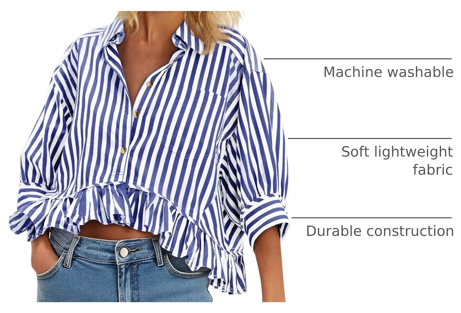 Womens Cropped Striped Button Down Shirts Ruffle 3-Quarter Length Tops Dressy Blouses Summer V Neck Tops Vacation Outfits
