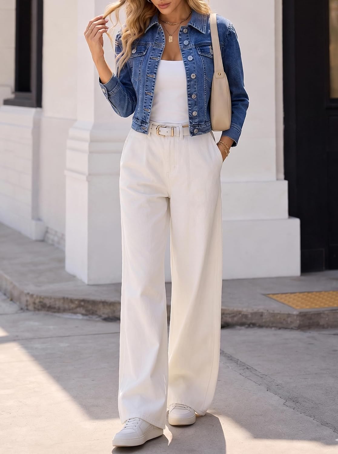 Women's Cropped Denim Jackets 3-Quarter Button Down Short Jean Jacket
