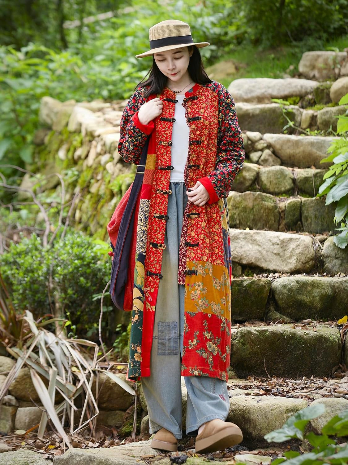 Women\u2018s Patchwork Trench Coat - Floral Cotton Linen Long Jacket Cottagecore Bohemian Outerwear