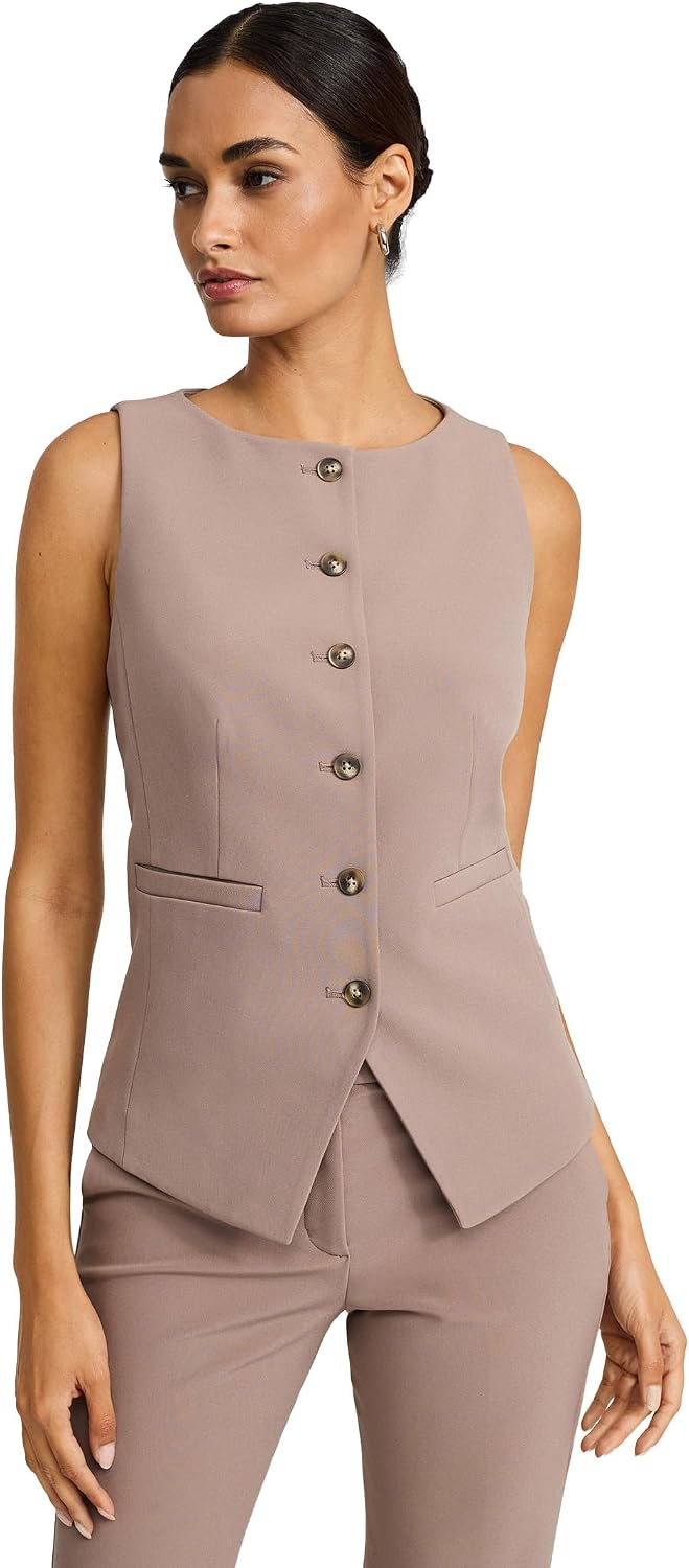 Women's Boat Neck Button Front Blazer Vest Stretch Twill