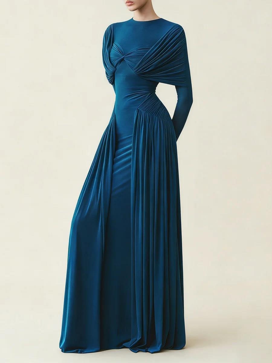 Women's Draped Ruched Maxi Dress Long Sleeve Teal Blue