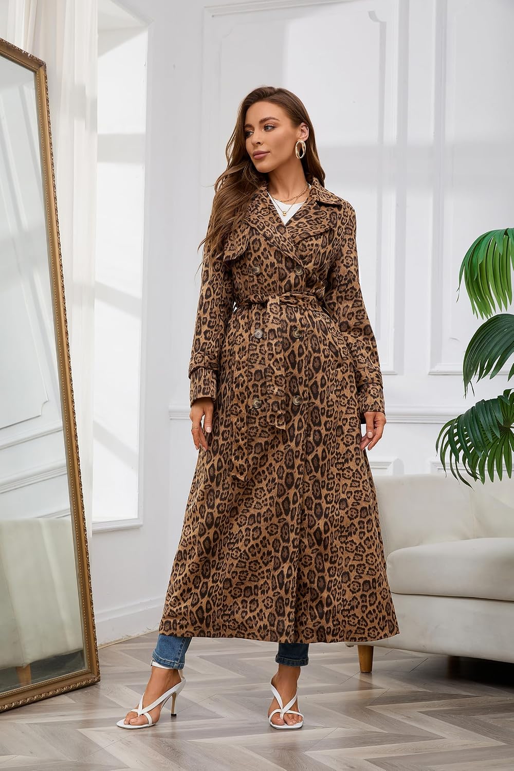 Womens Faux Suede Long Trench Coat Notched Lapel Double Breasted Pea Overcoat with Belt