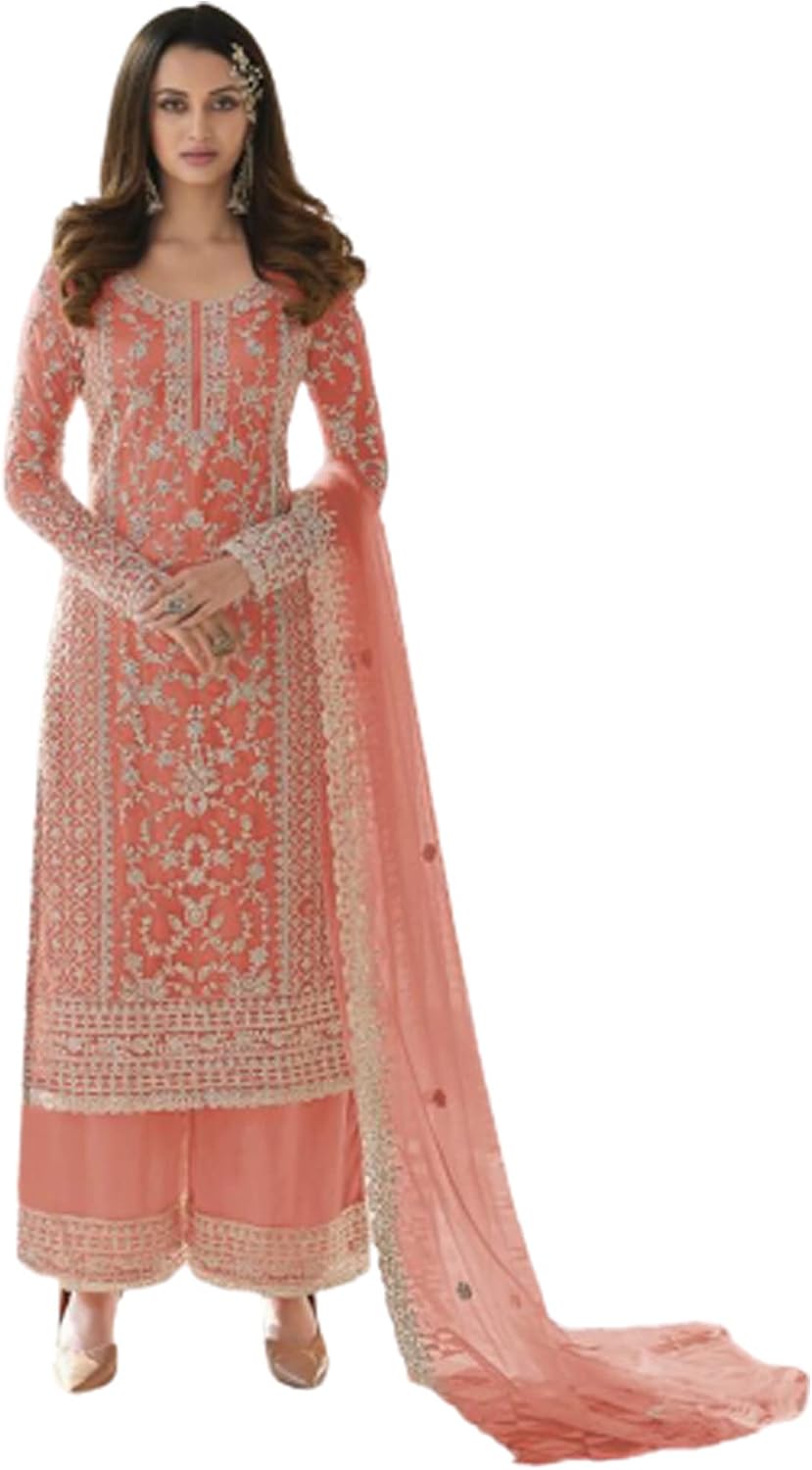 Women's Embroidered Salwar Kameez Suit Palazzo with Dupatta Peach
