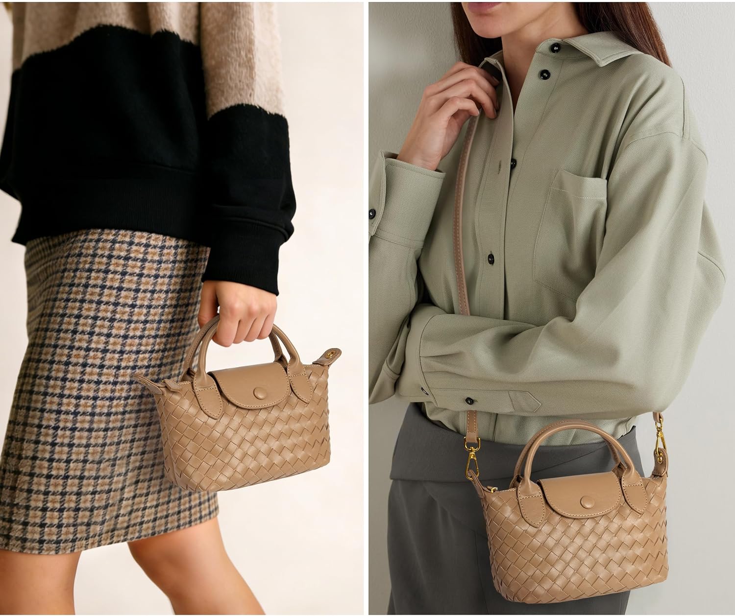 Women's Woven Vegan Leather Crossbody Bag Top Handle Tan