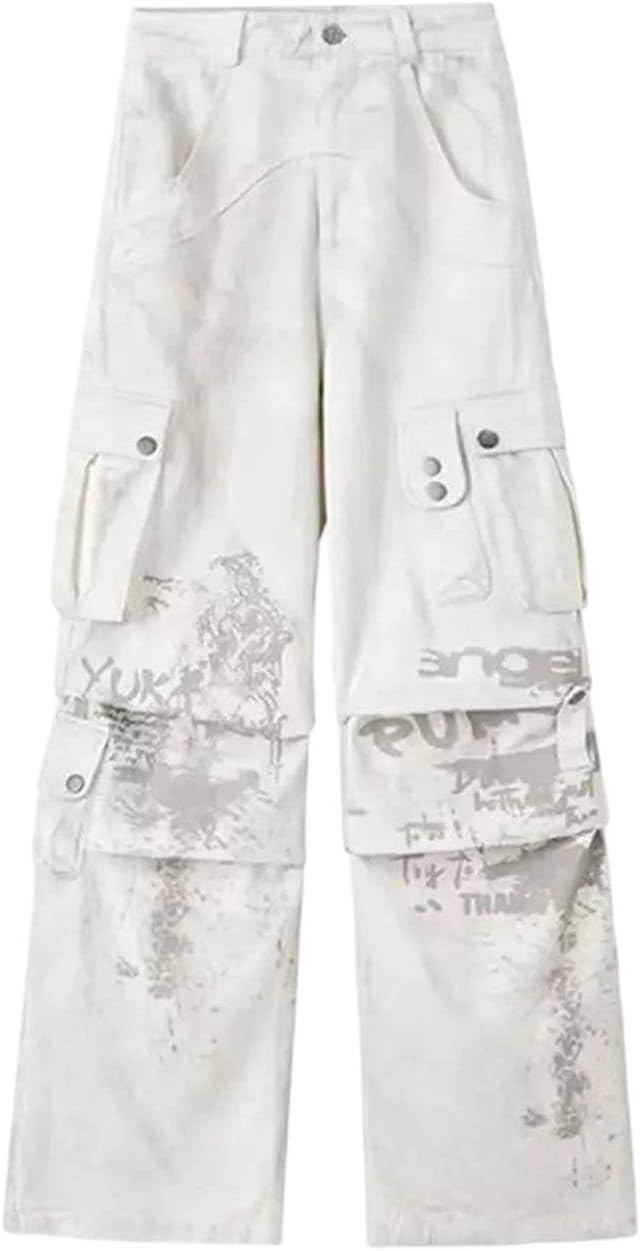 Women's Baggy Wide Leg Cargo Jeans White Graffiti