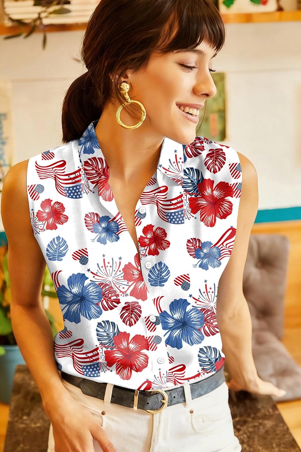 Women's American Flag Sleeveless Button Down Collared Shirt