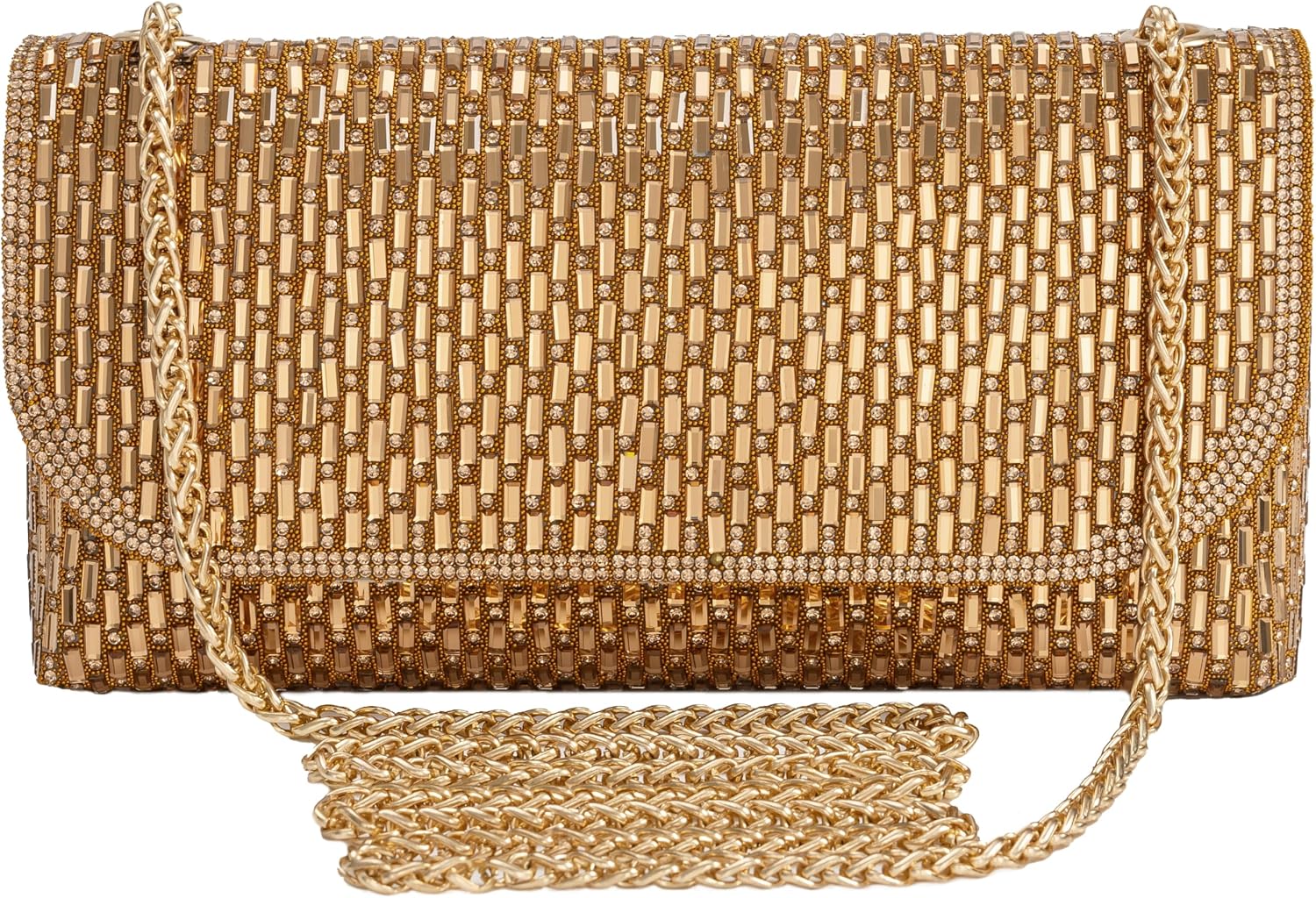 Women's Rhinestone Clutch Woven Evening Crossbody Purse Gold