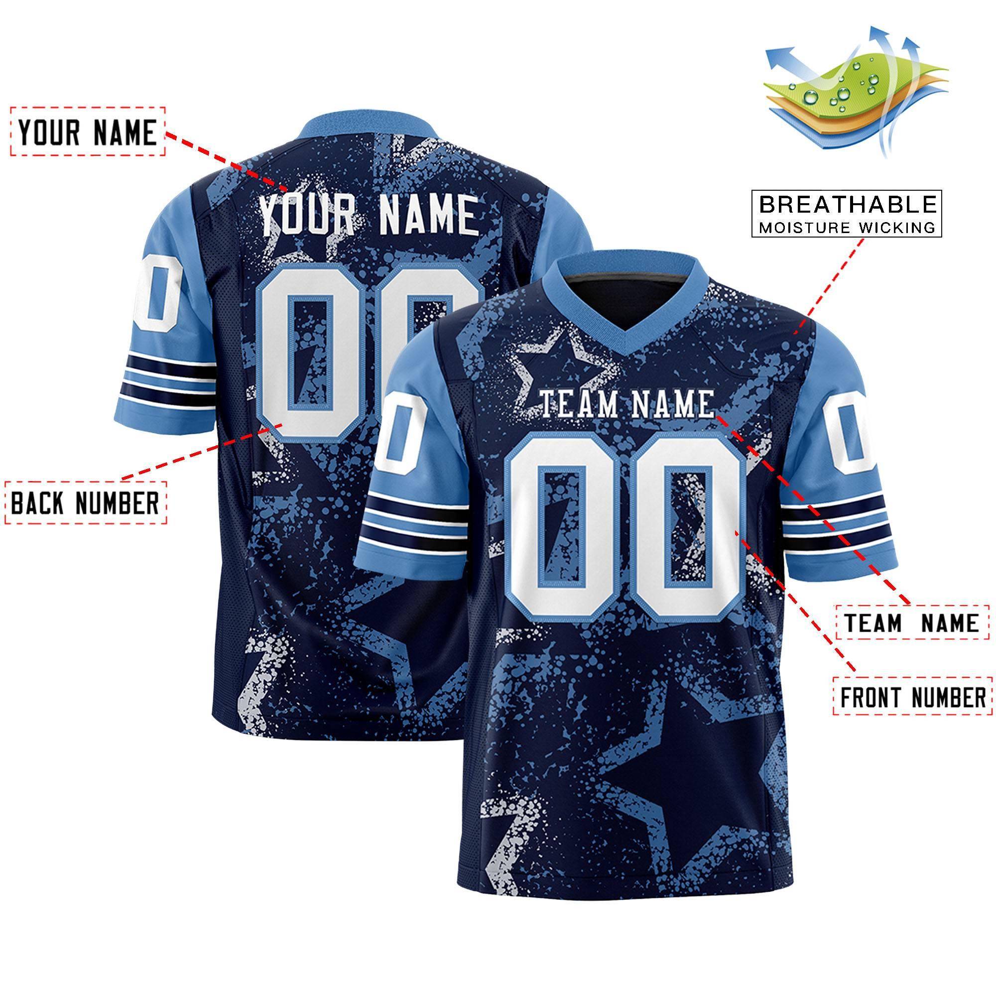 Individuell personalisiertes, authentisches Fußballtrikot mit Sternmuster-Design Individuell personalisiertes, authentisches Fußballtrikot mit Sternmuster-Design