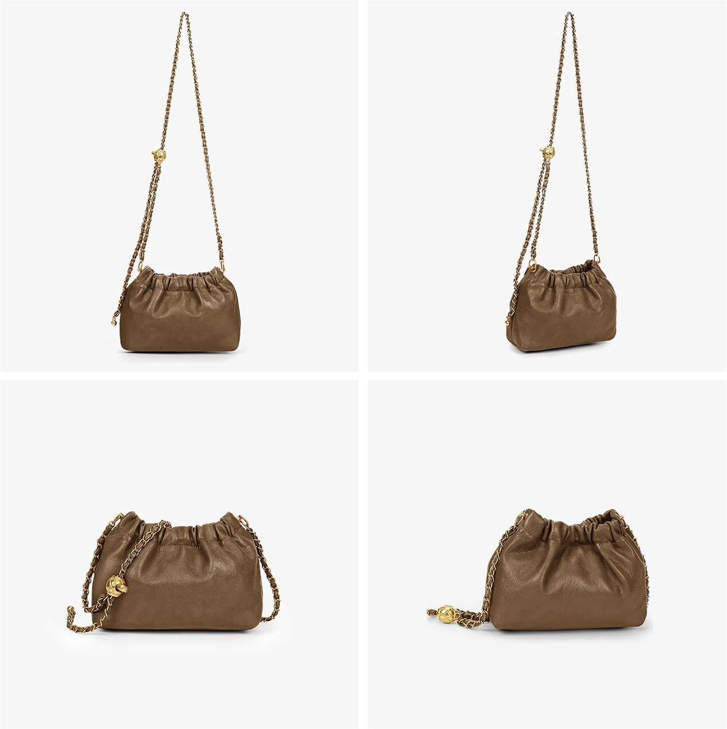 Women's Faux Leather Drawstring Bucket Bag with Chain Strap