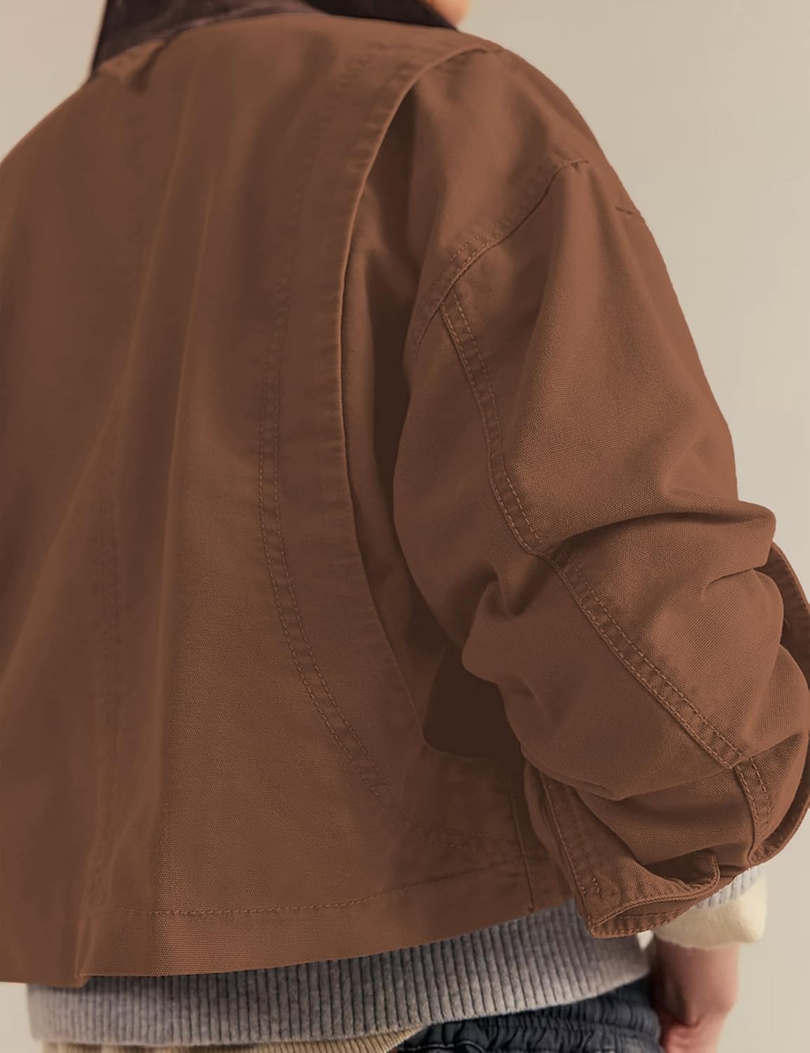 Barn Jackets for Women Contrast Collar Utility Coat Cargo Jacket Cropped with Pockets Outwear