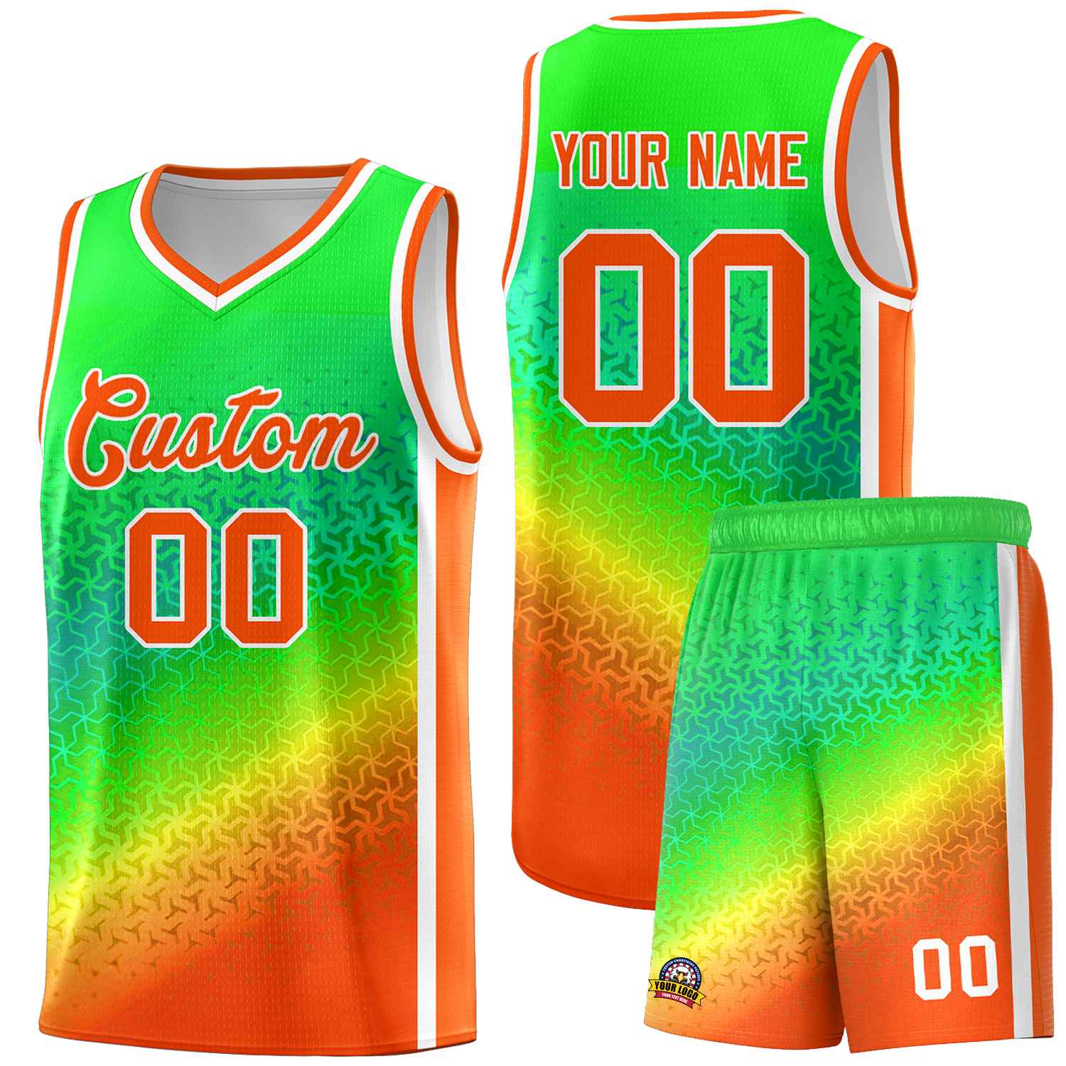 Benutzerdefiniertes hellgrün-orangefarbenes Farbverlaufsdesign mit unregelmäßigen Formen und Muster für Sportuniform-Basketballtrikot