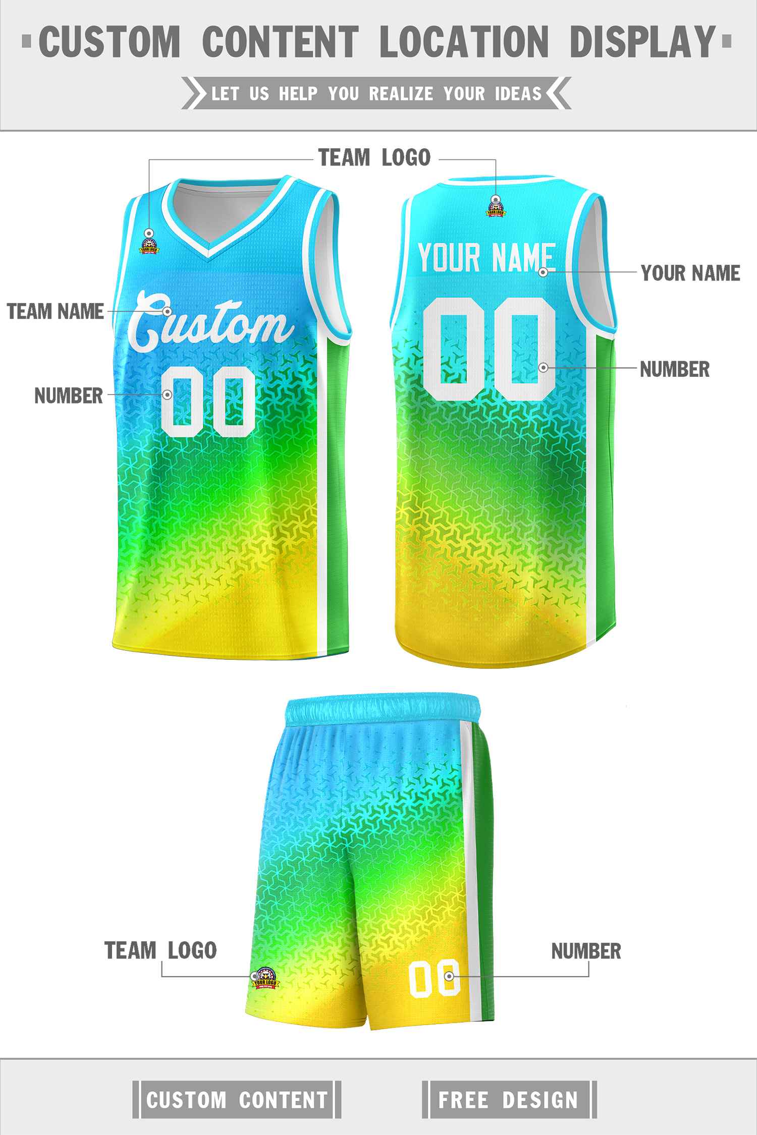 Benutzerdefiniertes himmelblaues helllila-goldenes Farbverlaufsdesign mit unregelmäßigen Formen und Mustern für Sportuniformen. Basketballtrikot