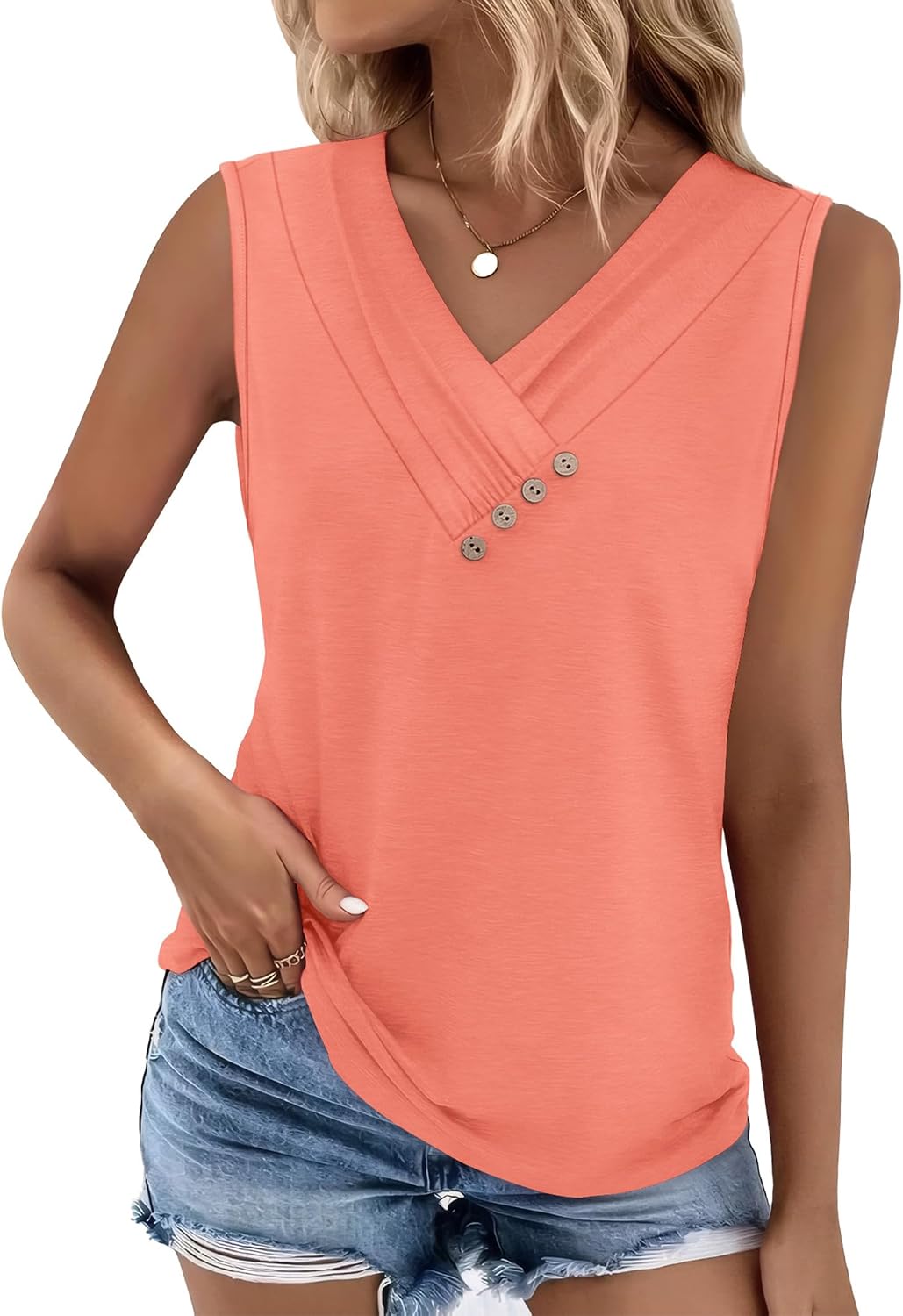 Women's Button Down V Neck Sleeveless Tank Top Coral