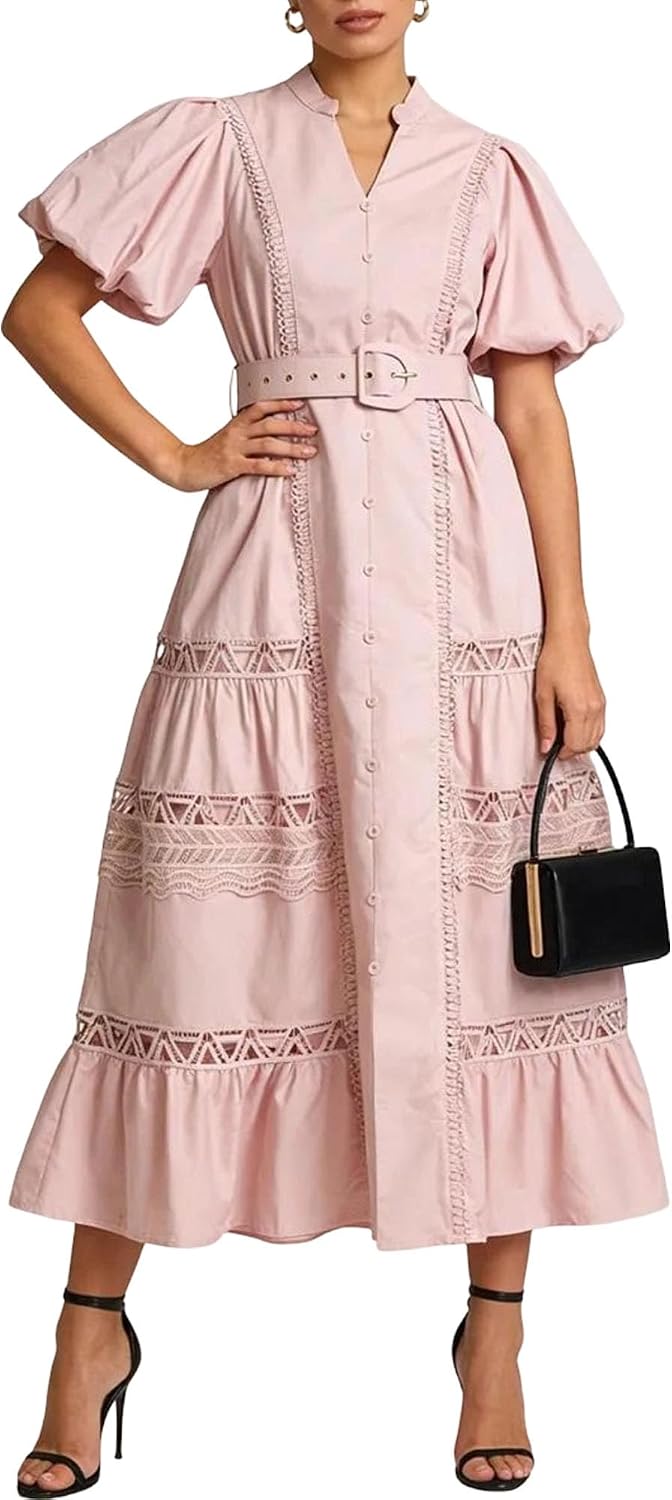 Women's Belted Lace Trim Maxi Dress Puff Sleeve Pink