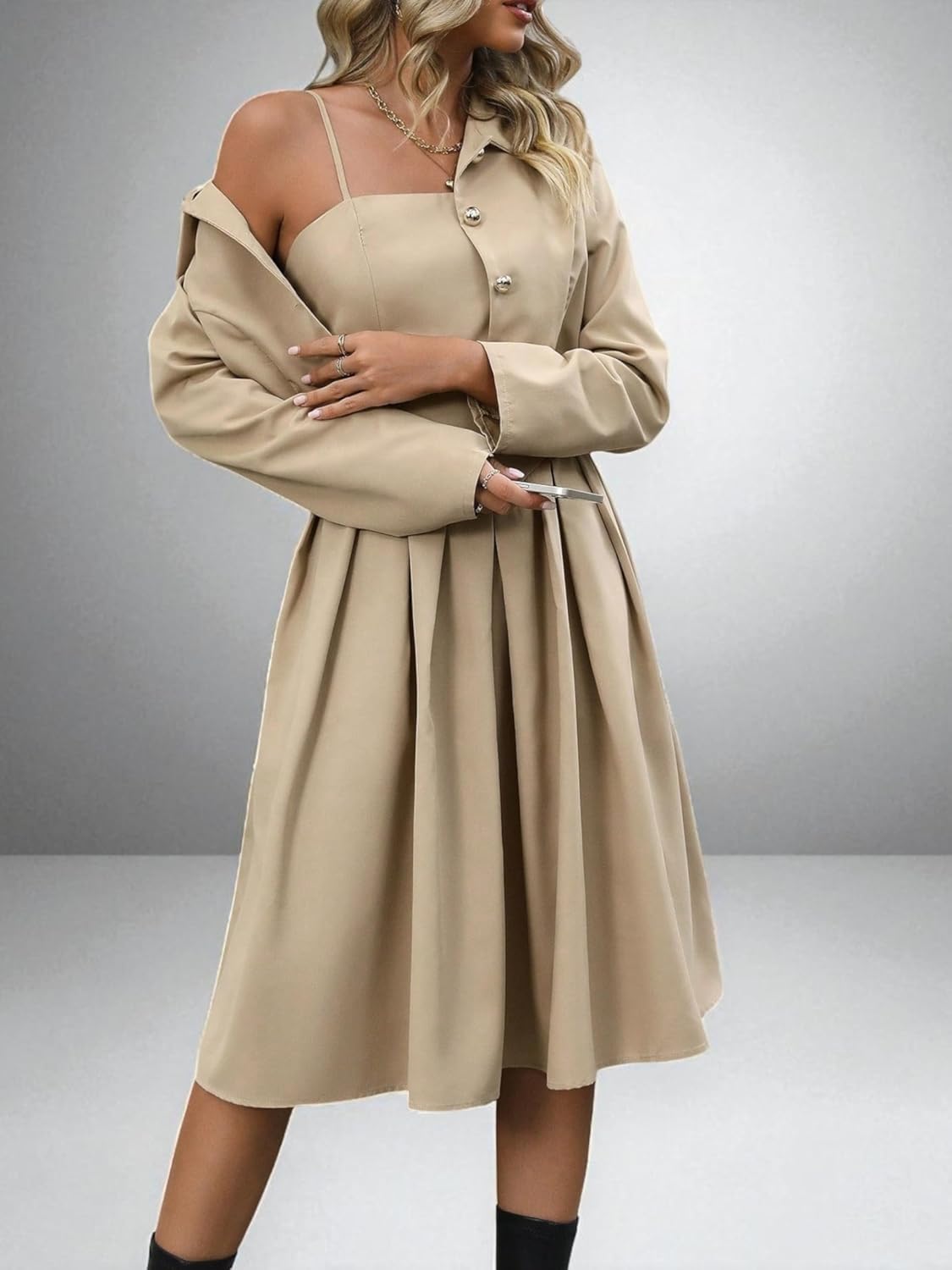 Women's Blazer Dress 2-Piece Set Pleated Square Neck Khaki