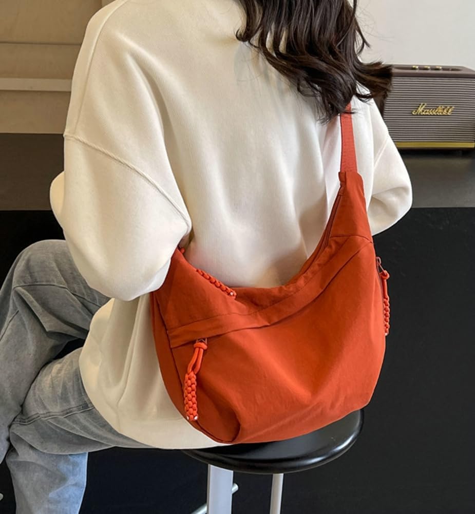Women's Nylon Crescent Hobo Shoulder Bag Orange Beige