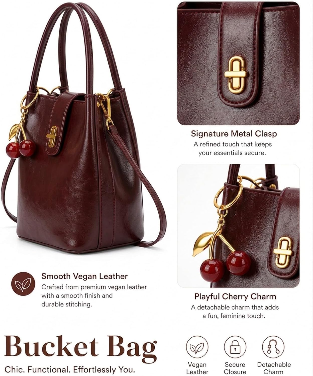Women's Vegan Leather Bucket Bag with Cherry Charm Burgundy
