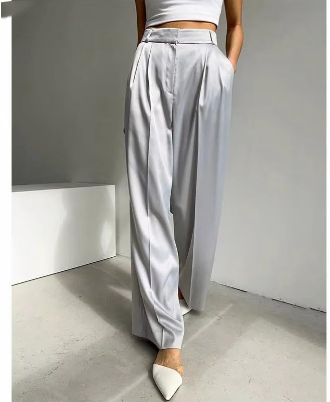 Women's High Waist Straight Trousers Loose Wide Leg Pants with Pockets Spring