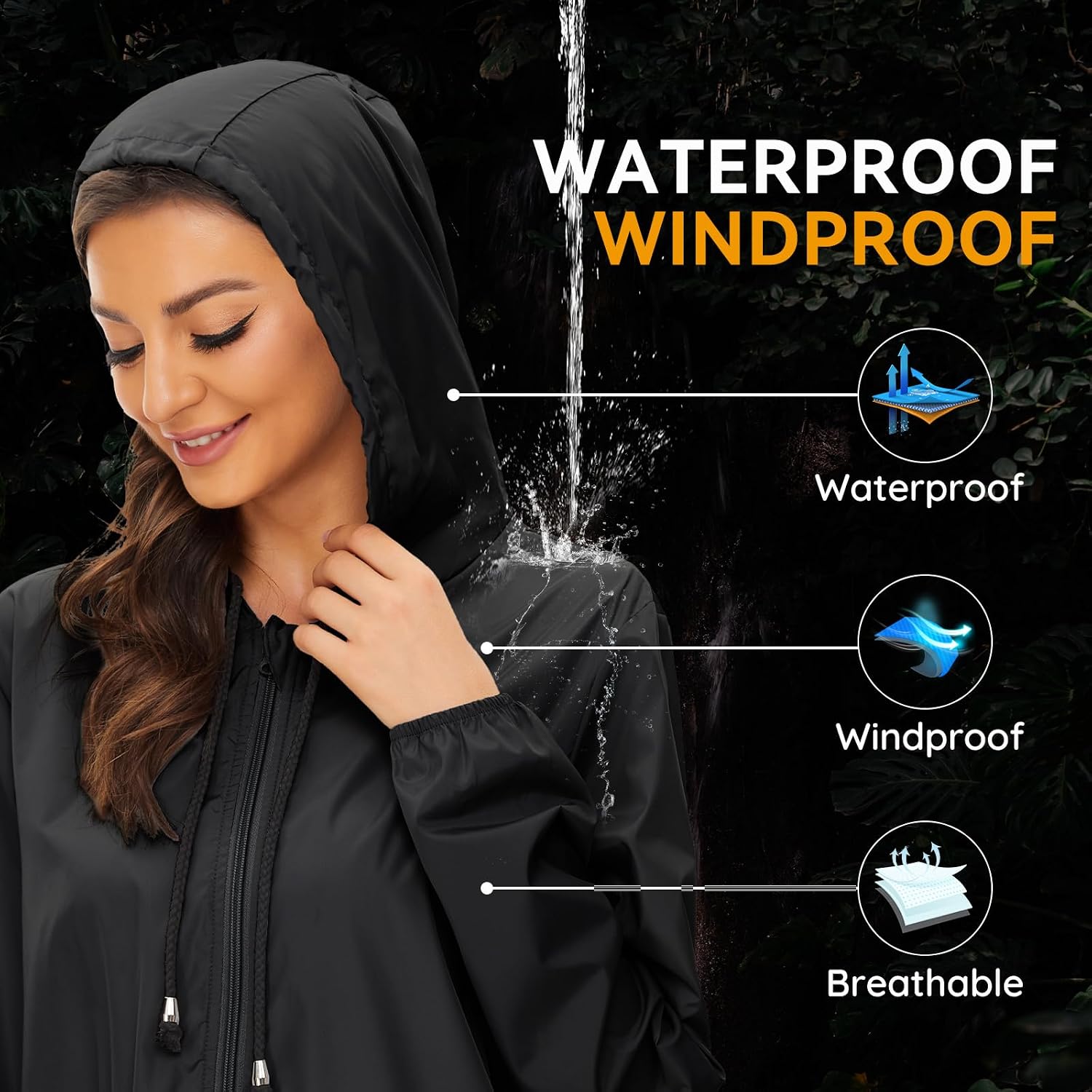 Women's Long Hooded Rain Jacket Packable Waterproof Black