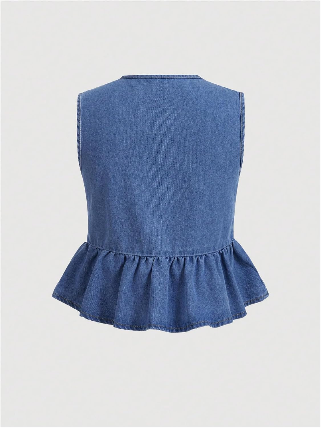 Women's Tie Front Denim Vest Crew Neck Ruffle Hem