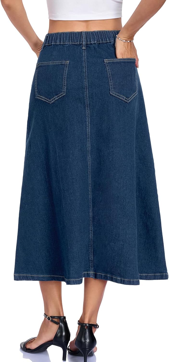Denim Skirt for Women Strechy High Wasited A Line Casual Midi Jean Skirts with Pockets