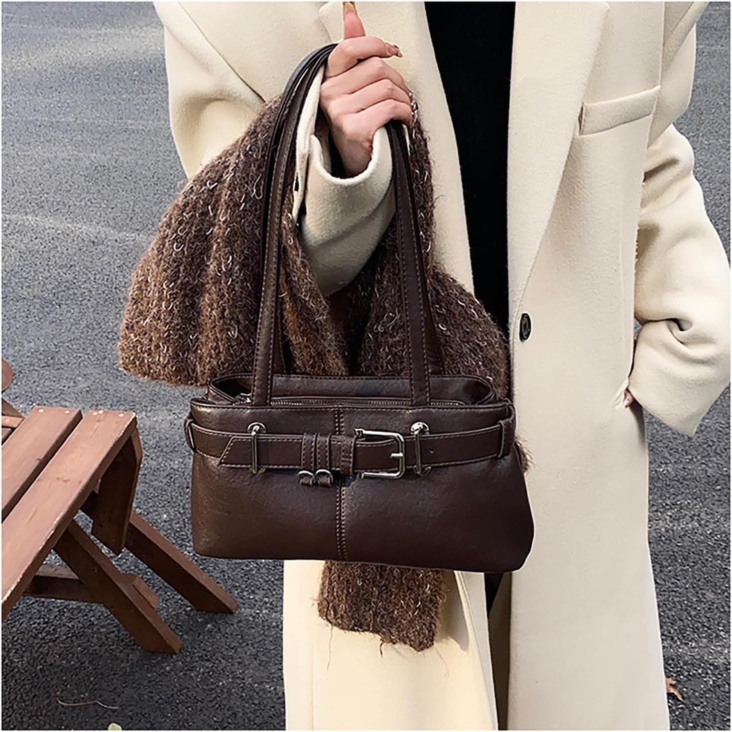 Women's Y2K Belt Buckle Hobo Bag Brown PU Leather