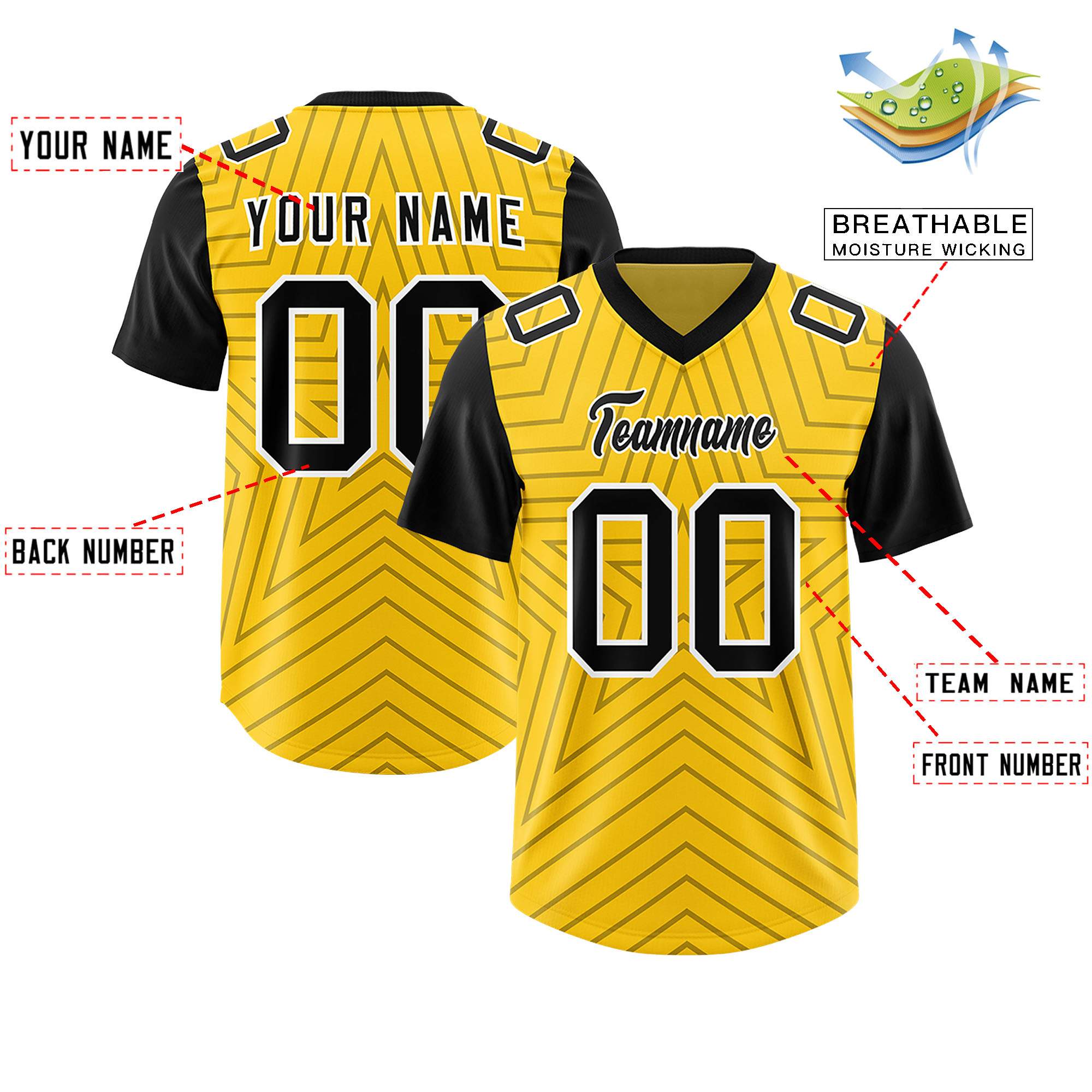 Individuell personalisiertes, authentisches Fußballtrikot mit Raglanärmeln und Sternenmuster