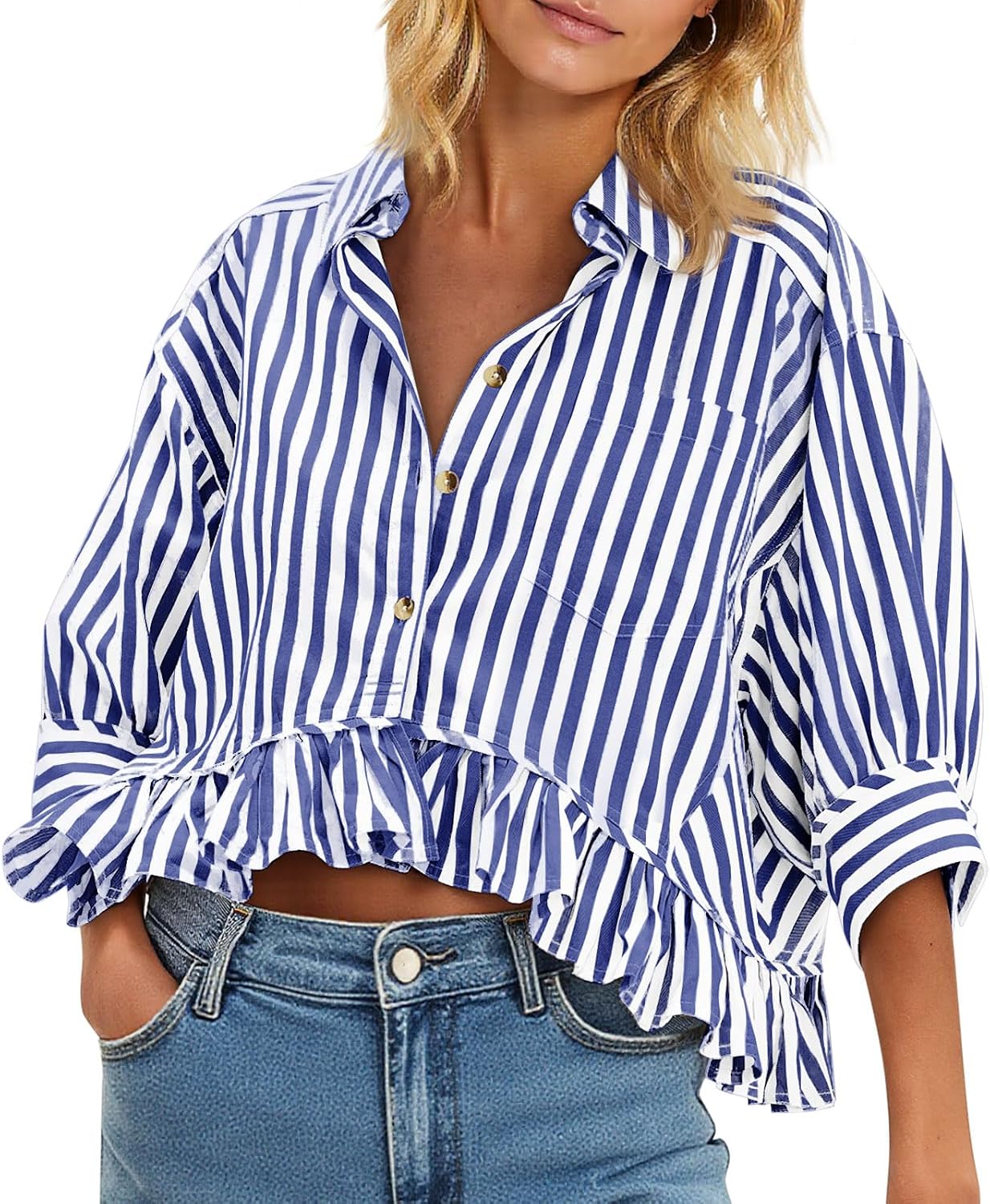 Womens Cropped Striped Button Down Shirts Ruffle 3-Quarter Length Tops Dressy Blouses Summer V Neck Tops Vacation Outfits